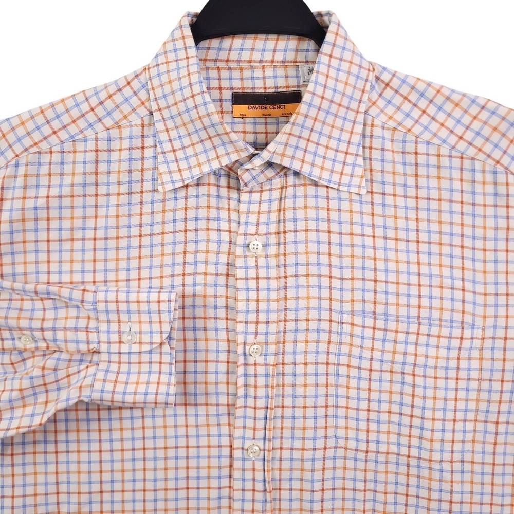 Davide Cenci Dress Shirt Men 17.5/44 White Plaid Long Sleeve Made in Italy